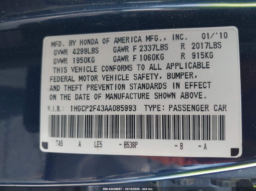 2010 Honda Accord 2.4 Lx-P VIN: 1HGCP2F43AA085993 Lot: 43436557