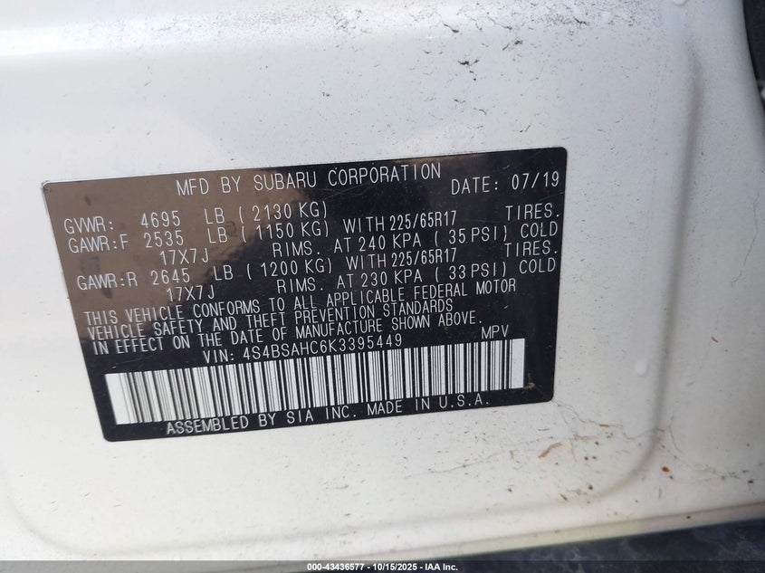 2019 Subaru Outback 2.5 2.5i Premium White Lot 111043436577 Vin 4S4BSAHC6K3395449
