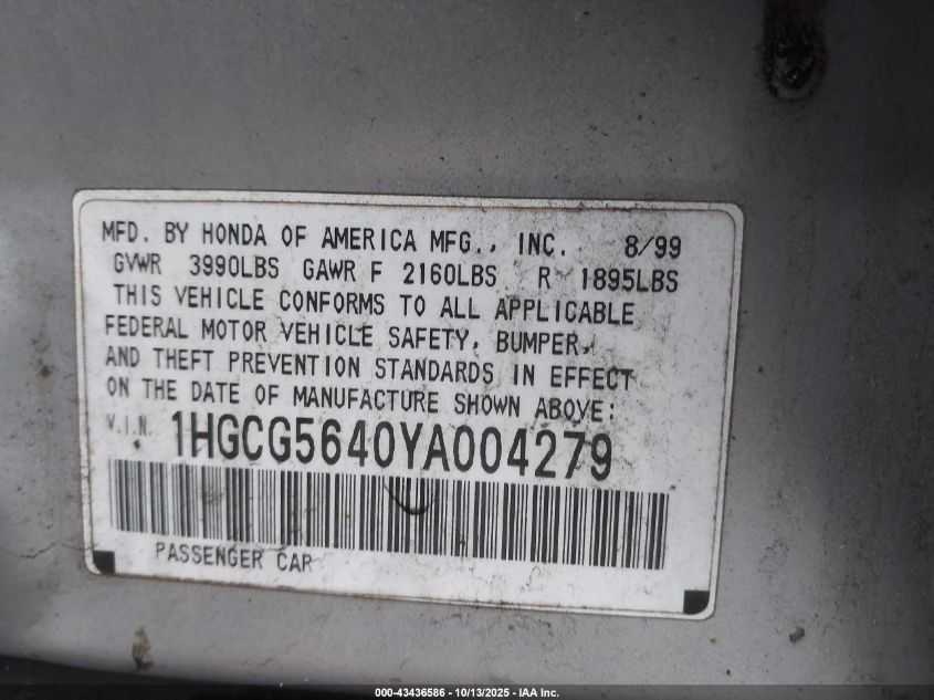2000 Honda Accord 2.3 Lx VIN: 1HGCG5640YA004279 Lot: 43436586