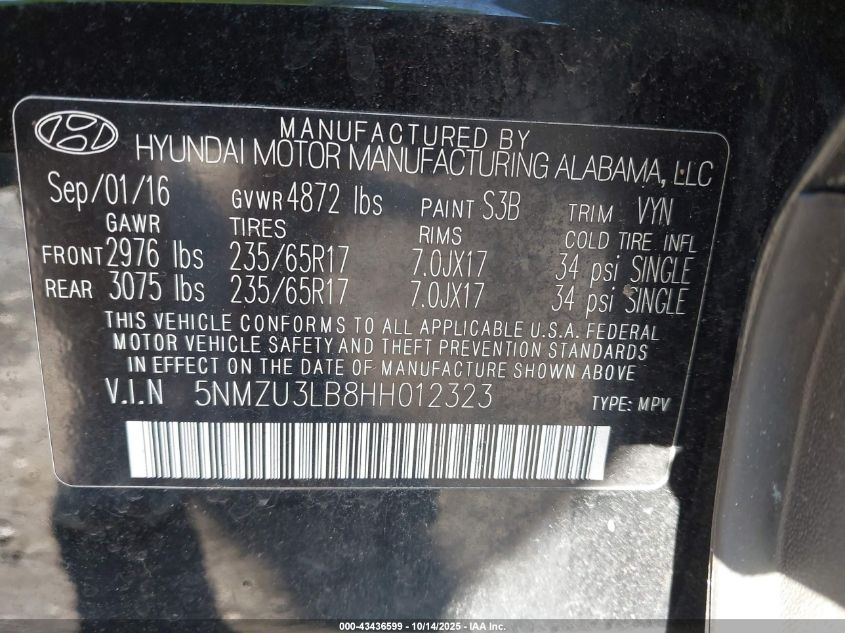 2017 Hyundai Santa Fe Sport 2.4L VIN: 5NMZU3LB8HH012323 Lot: 43436599