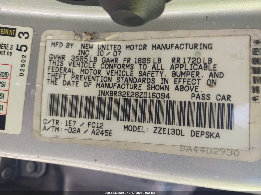 2008 Toyota Corolla S VIN: 1NXBR32E28Z016094 Lot: 43436604