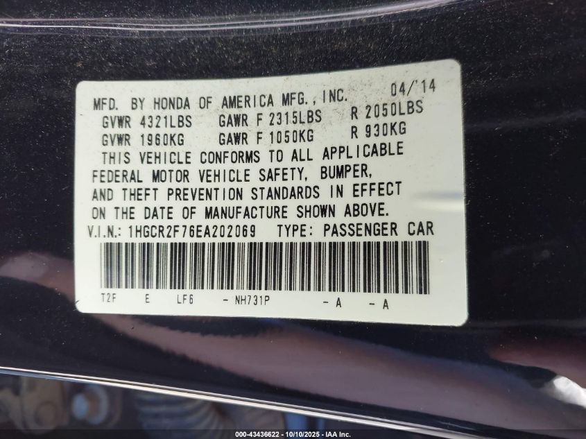 2014 Honda Accord Ex VIN: 1HGCR2F76EA202069 Lot: 43436622