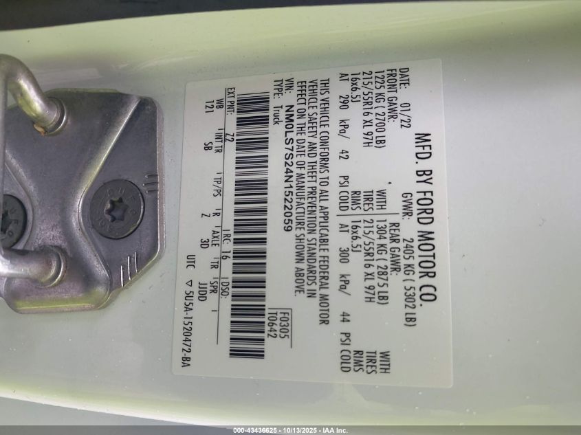 2022 Ford Transit Connect Xl VIN: NM0LS7S24N1522059 Lot: 43436625