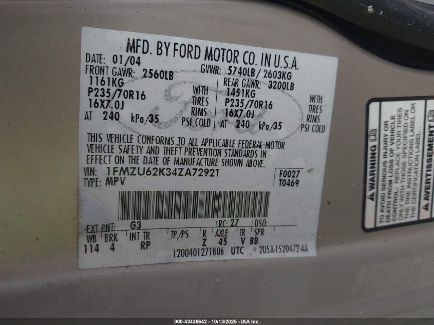 2004 Ford Explorer Xls VIN: 1FMZU62K34ZA72921 Lot: 43436642