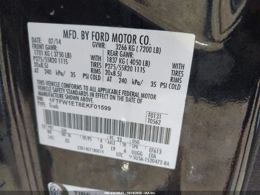 2014 Ford F-150 Xlt VIN: 1FTFW1ET8EKF01599 Lot: 43436643