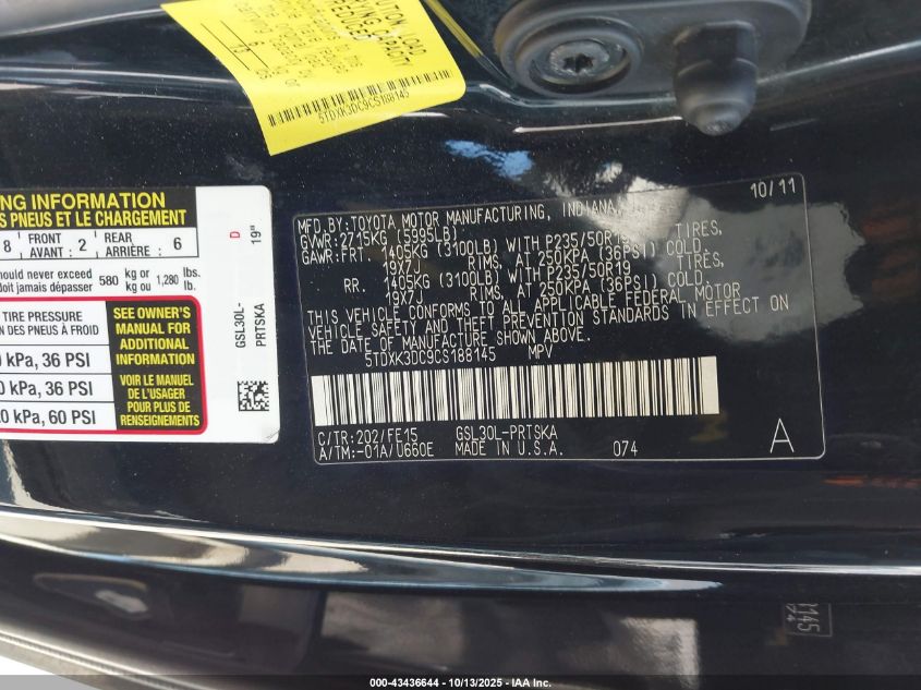 2012 Toyota Sienna Se 8 Passenger VIN: 5TDXK3DC9CS188145 Lot: 43436644