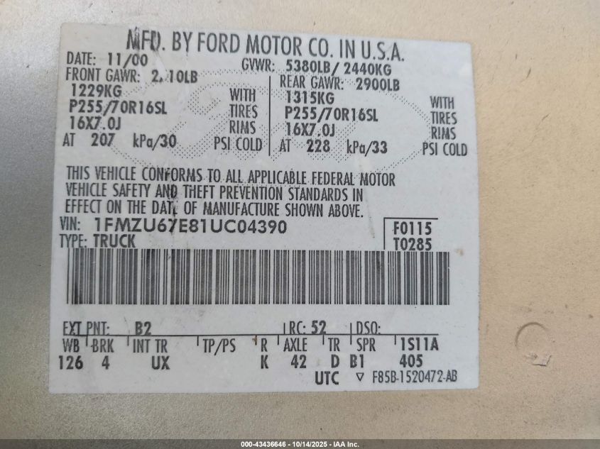 2001 Ford Explorer Sport Trac VIN: 1FMZU67E81UC04390 Lot: 43436646