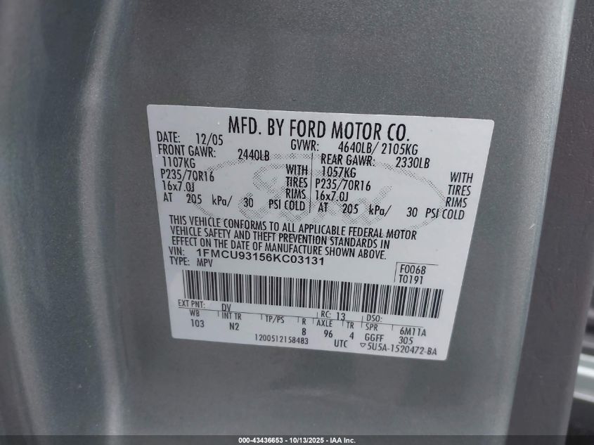 2006 Ford Escape Xlt/Xlt Sport VIN: 1FMCU93156KC03131 Lot: 43436653