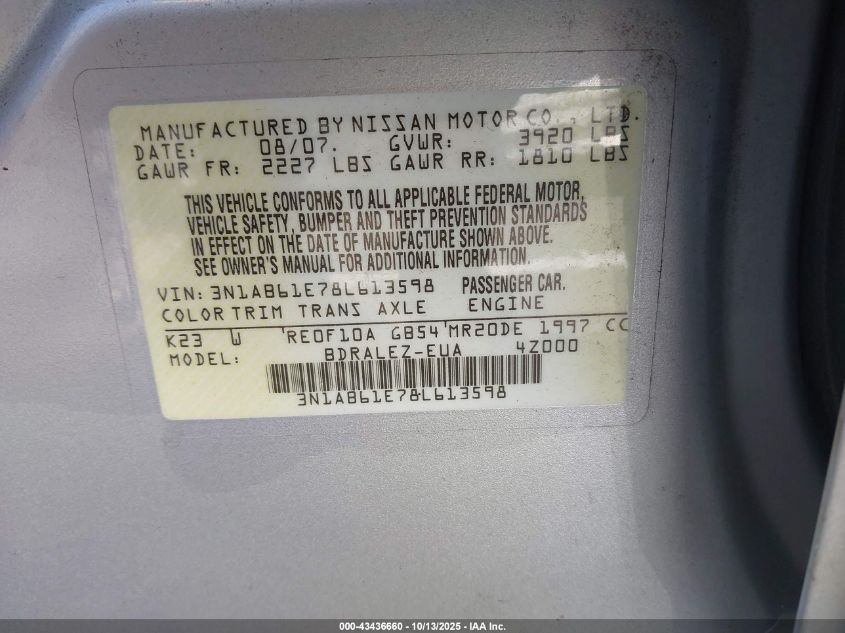 2008 Nissan Sentra 2.0S VIN: 3N1AB61E78L613598 Lot: 43436660