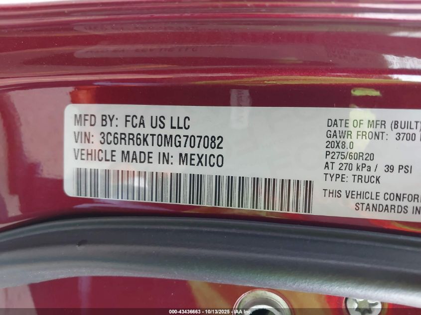 2021 Ram 1500 Classic Tradesman 4X2 5'7 Box VIN: 3C6RR6KT0MG707082 Lot: 43436663