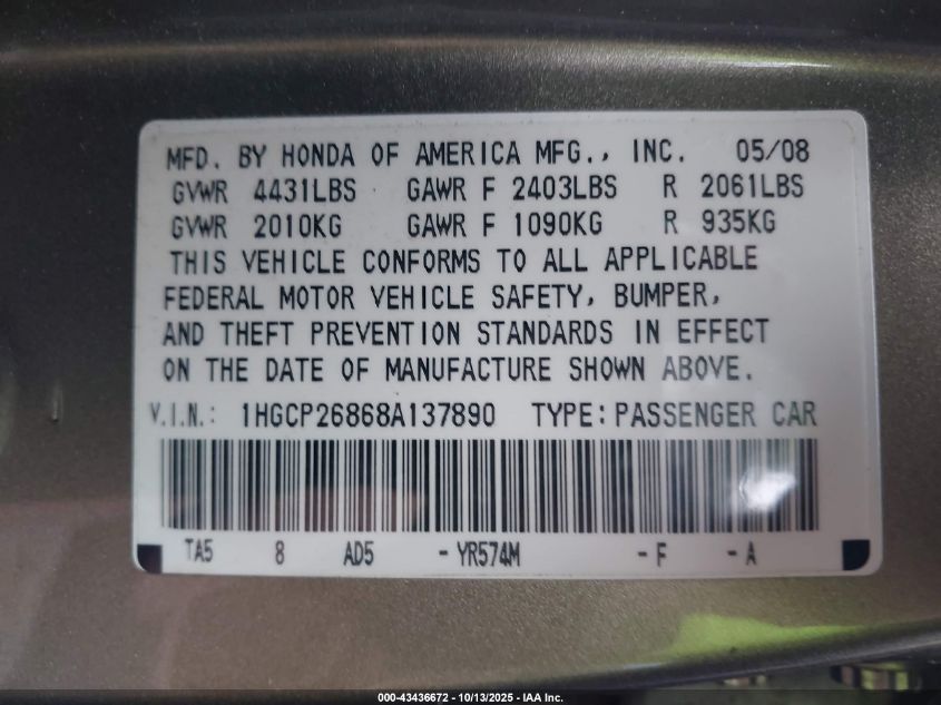 2008 Honda Accord 2.4 Ex-L VIN: 1HGCP26868A137890 Lot: 43436672