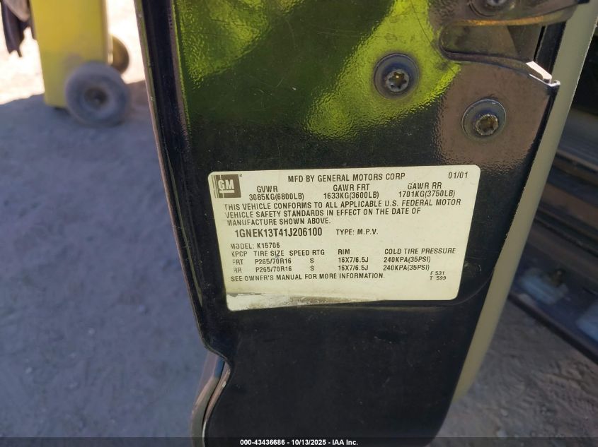 2001 Chevrolet Tahoe Lt VIN: 1GNEK13T41J206100 Lot: 43436686