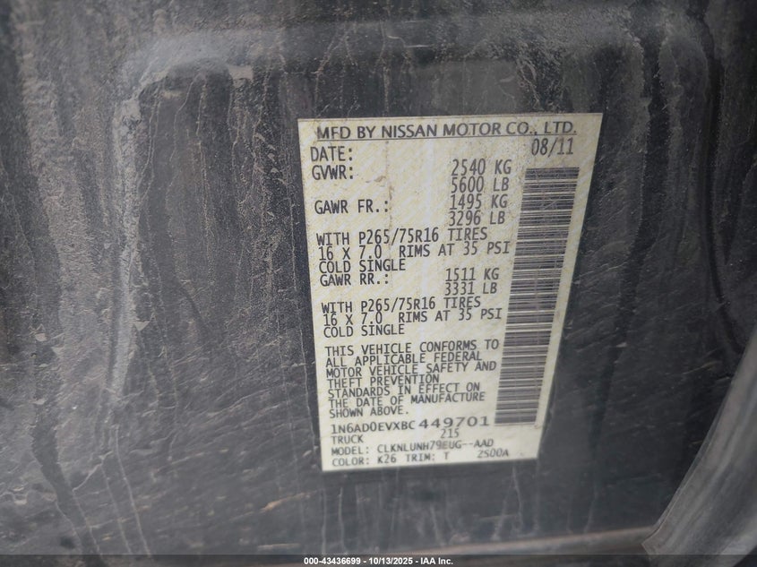 2011 Nissan Frontier Pro-4X VIN: 1N6AD0EVXBC449701 Lot: 43436699