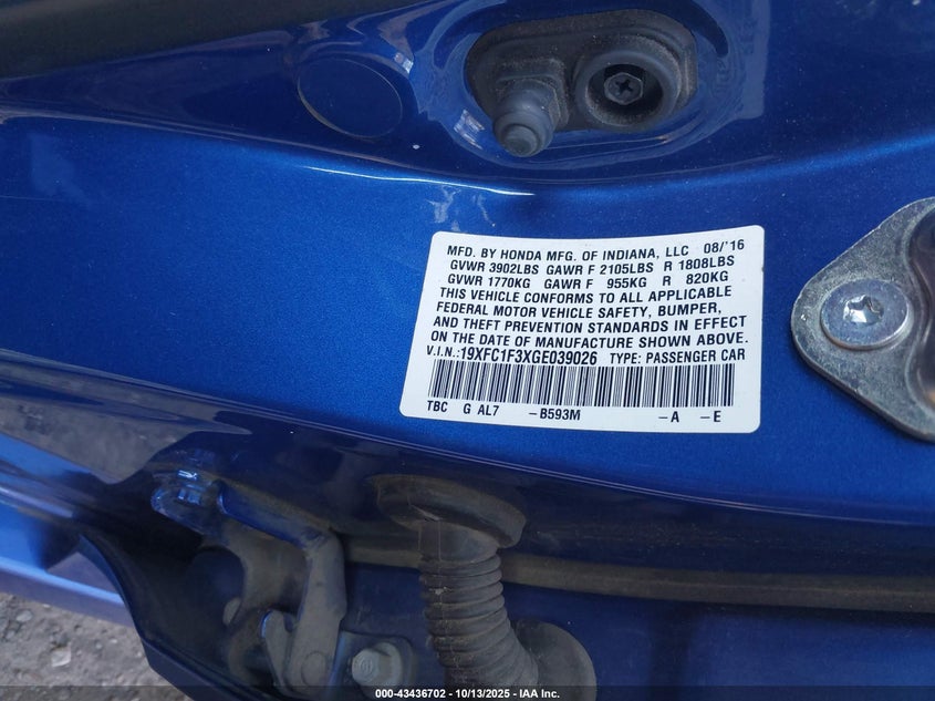 2016 Honda Civic Ex-T VIN: 19XFC1F3XGE039026 Lot: 43436702