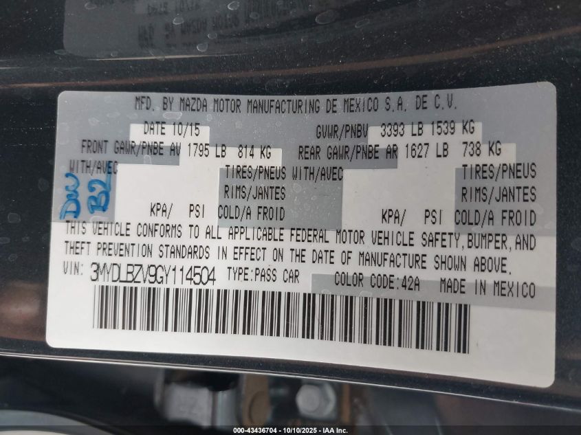 2016 Scion Ia VIN: 3MYDLBZV9GY114504 Lot: 43436704