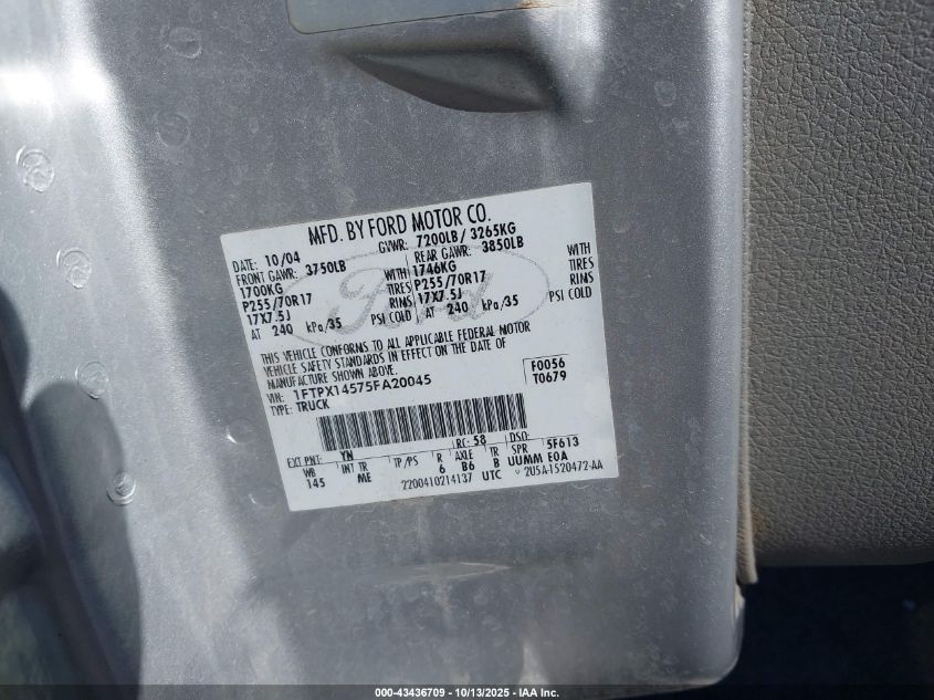 2005 Ford F-150 Fx4/Lariat/Xl/Xlt VIN: 1FTPX14575FA20045 Lot: 43436709