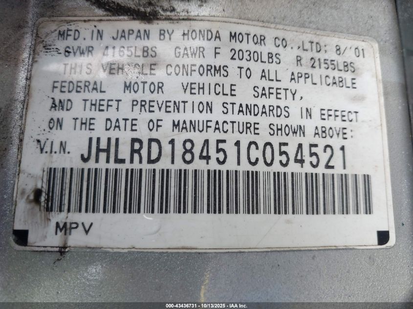 2001 Honda Cr-V Lx VIN: JHLRD18451C054521 Lot: 43436731