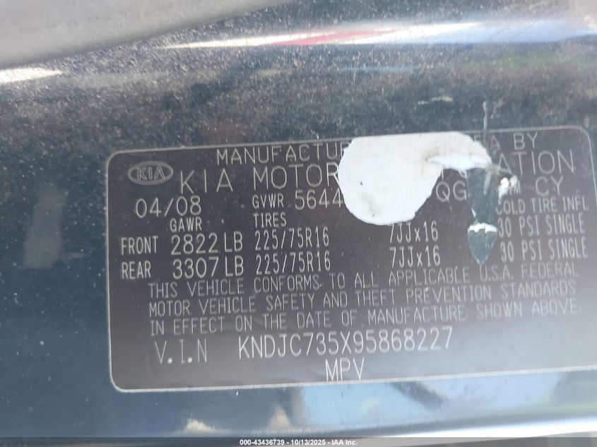 2009 Kia Sorento Lx VIN: KNDJC735X95868227 Lot: 43436739