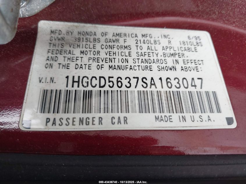 1995 Honda Accord Lx/Ex VIN: 1HGCD5637SA163047 Lot: 43436740