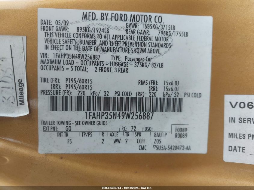 2009 Ford Focus Se VIN: 1FAHP35N49W256887 Lot: 43436744