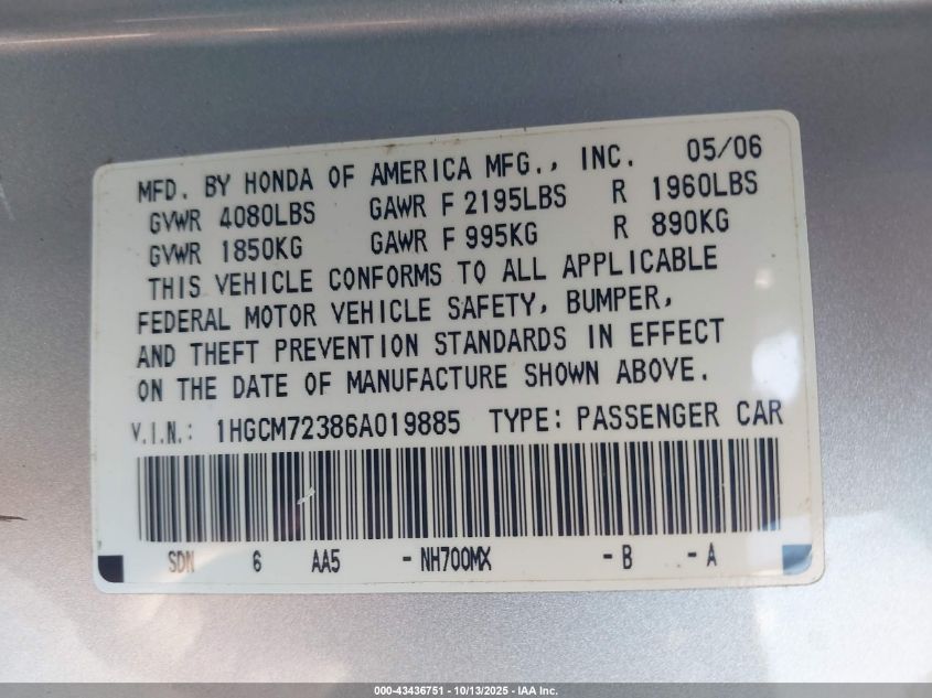 2006 Honda Accord 2.4 Lx VIN: 1HGCM72386A019885 Lot: 43436751