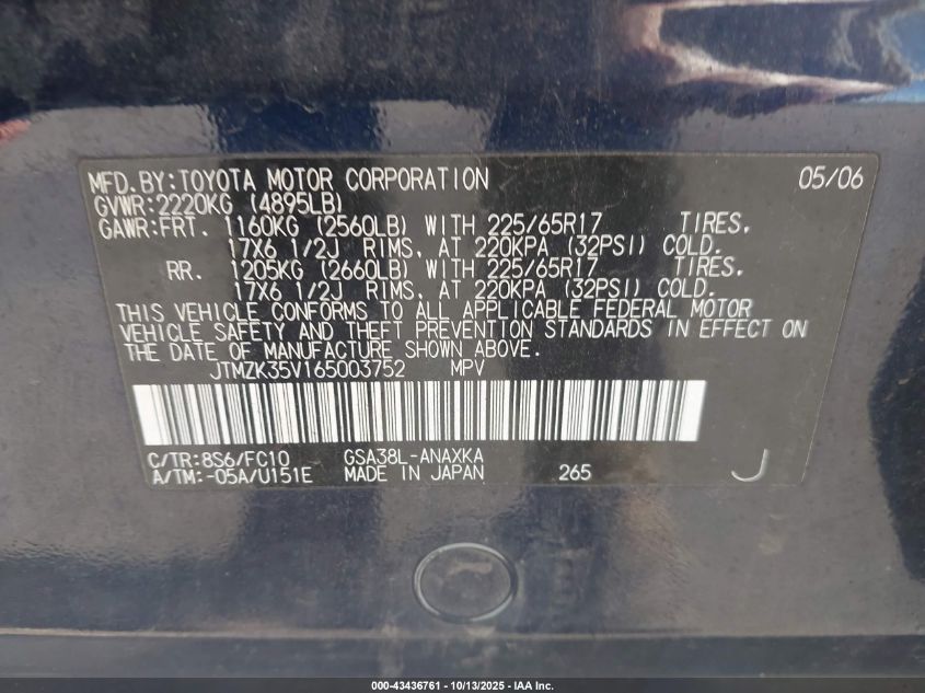 2006 Toyota Rav4 Base V6 VIN: JTMZK35V165003752 Lot: 43436761