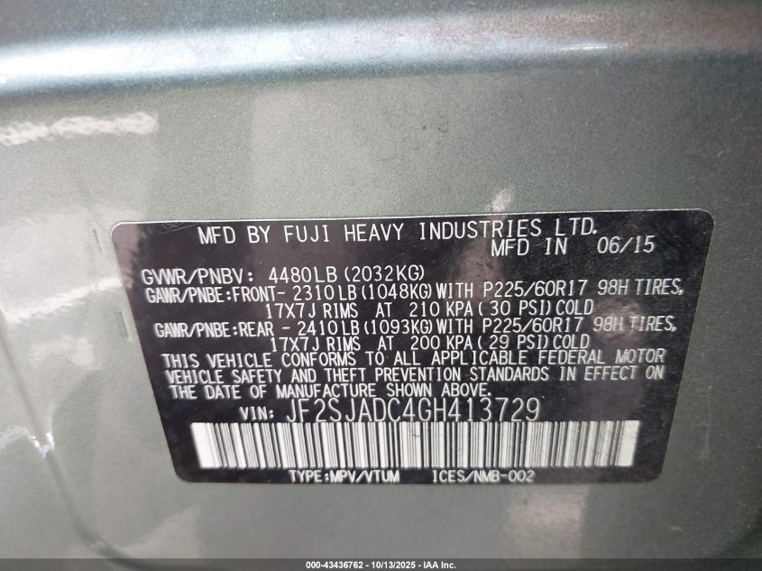2016 Subaru Forester 2.5I Premium VIN: JF2SJADC4GH413729 Lot: 43436762