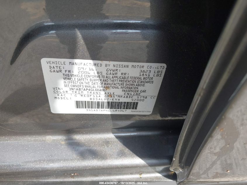 2016 Nissan Sentra S VIN: 3N1AB7AP4GL684067 Lot: 43436767