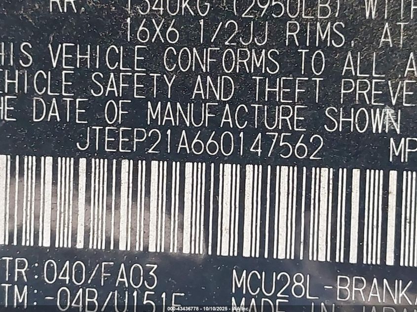 2006 Toyota Highlander V6 VIN: JTEEP21A660147562 Lot: 43436778