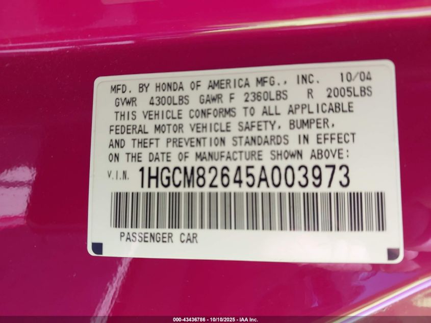 2005 Honda Accord 3.0 Ex VIN: 1HGCM82645A003973 Lot: 43436786