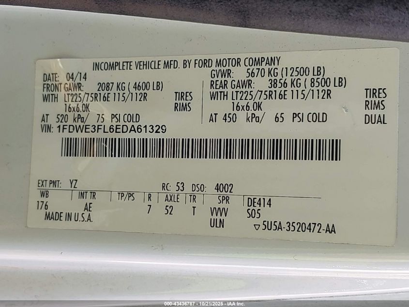 2014 Ford E-350 Cutaway VIN: 1FDWE3FL6EDA61329 Lot: 43436787