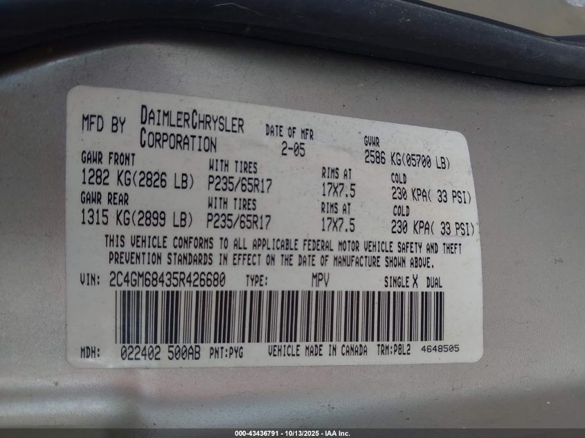 2005 Chrysler Pacifica Touring VIN: 2C4GM68435R426680 Lot: 43436791