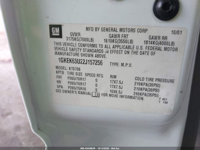2002 GMC Yukon Denali VIN: 1GKEK63U22J157256 Lot: 43436839