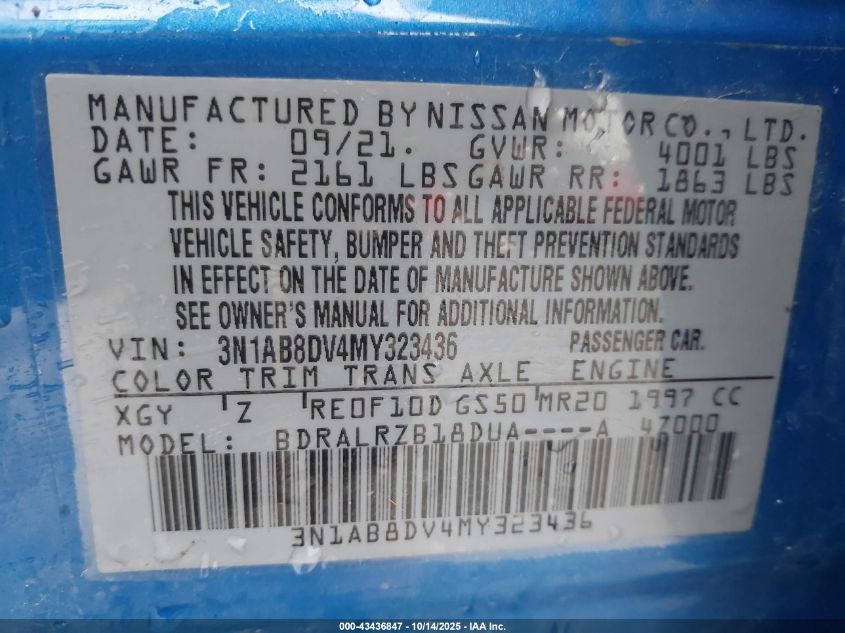 2021 Nissan Sentra Sr Xtronic Cvt VIN: 3N1AB8DV4MY323436 Lot: 43436847