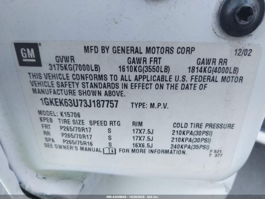 2003 GMC Yukon Denali VIN: 1GKEK63U73J187757 Lot: 43436848