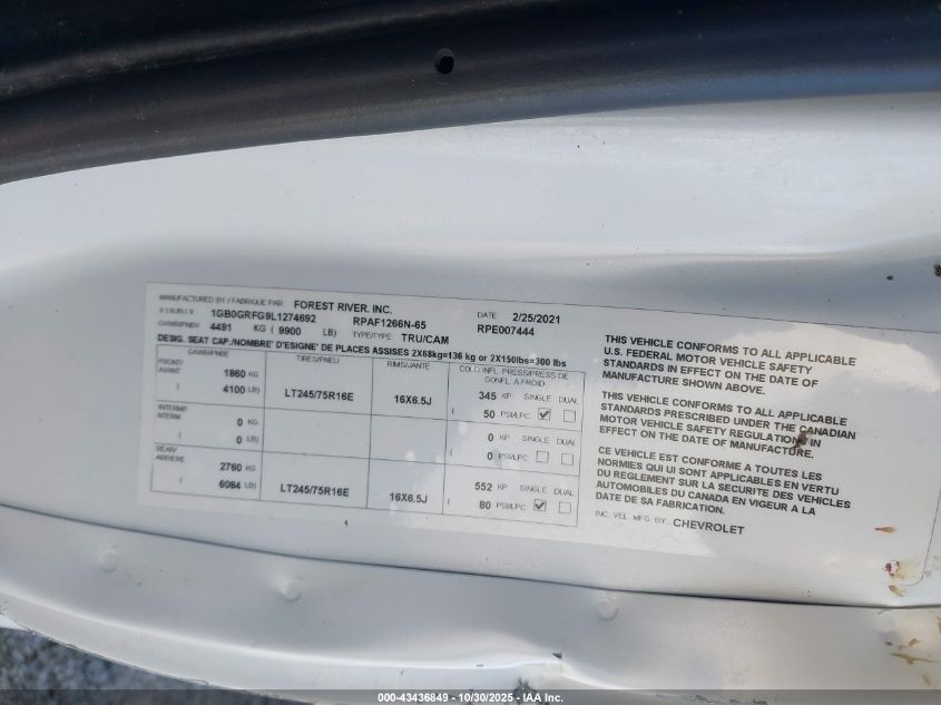 2020 Chevrolet Express Cutaway Work Van VIN: 1GB0GRFG9L1274692 Lot: 43436849