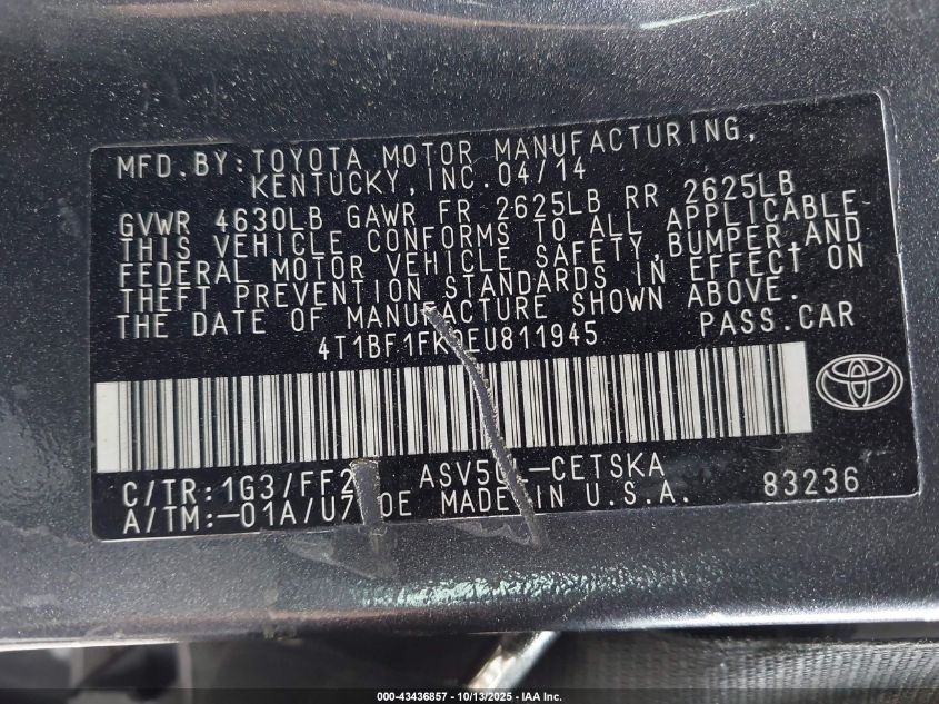 2014 Toyota Camry Se VIN: 4T1BF1FK0EU811945 Lot: 43436857