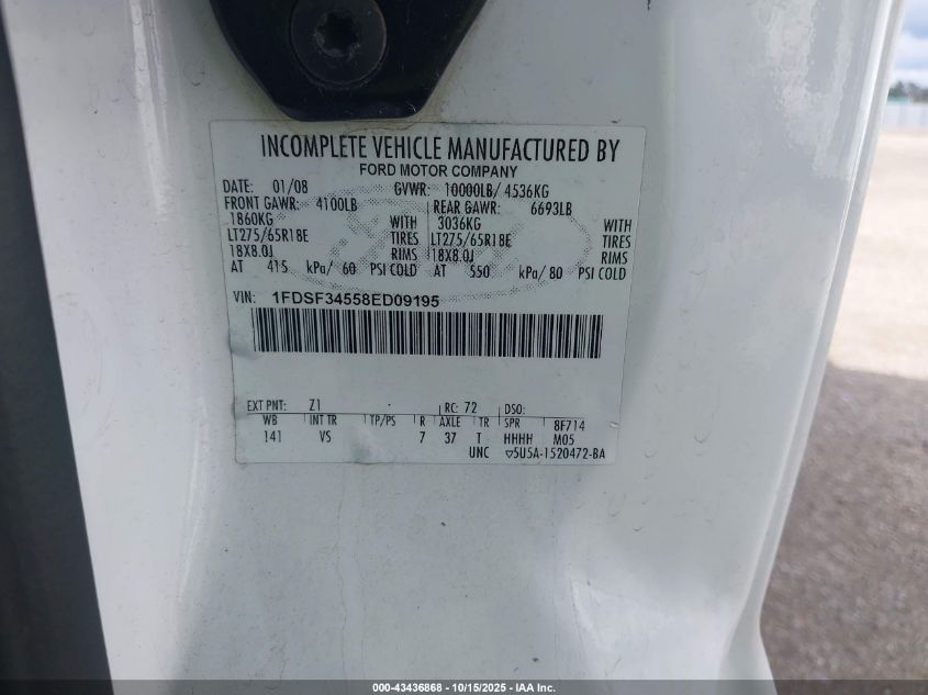 2008 Ford F-350 Chassis VIN: 1FDSF34558ED09195 Lot: 43436868