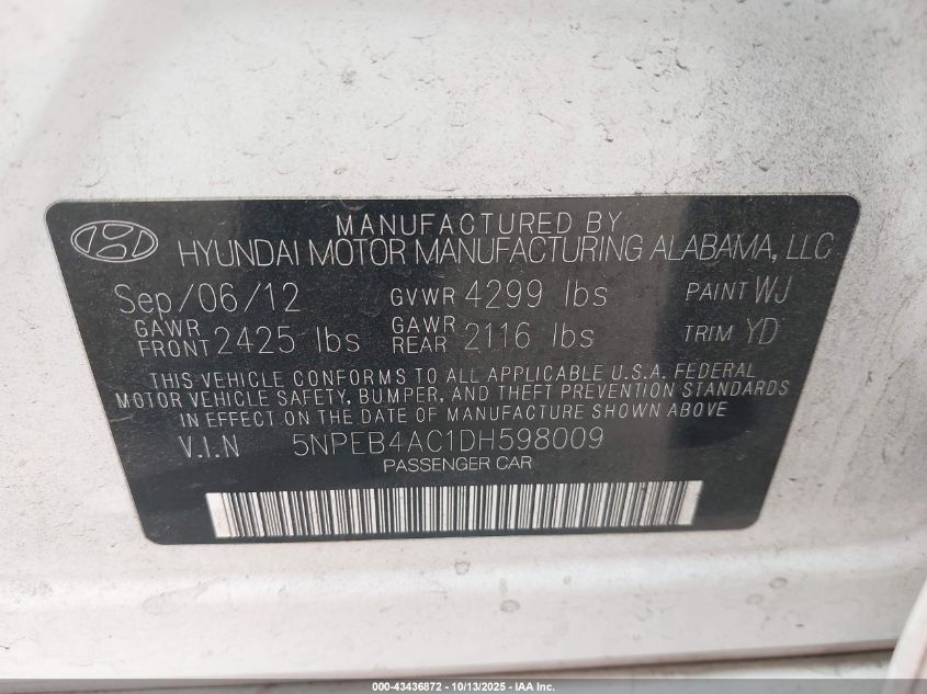 2013 Hyundai Sonata Gls VIN: 5NPEB4AC1DH598009 Lot: 43436872