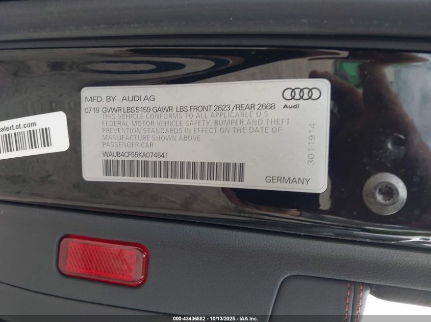 2019 Audi S5 3.0T Premium VIN: WAUB4CF55KA074641 Lot: 43436882
