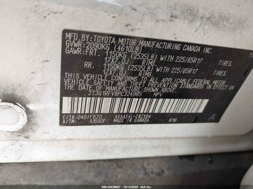 2023 Toyota Rav4 Le VIN: 2T3G1RFV8PC324985 Lot: 43436887