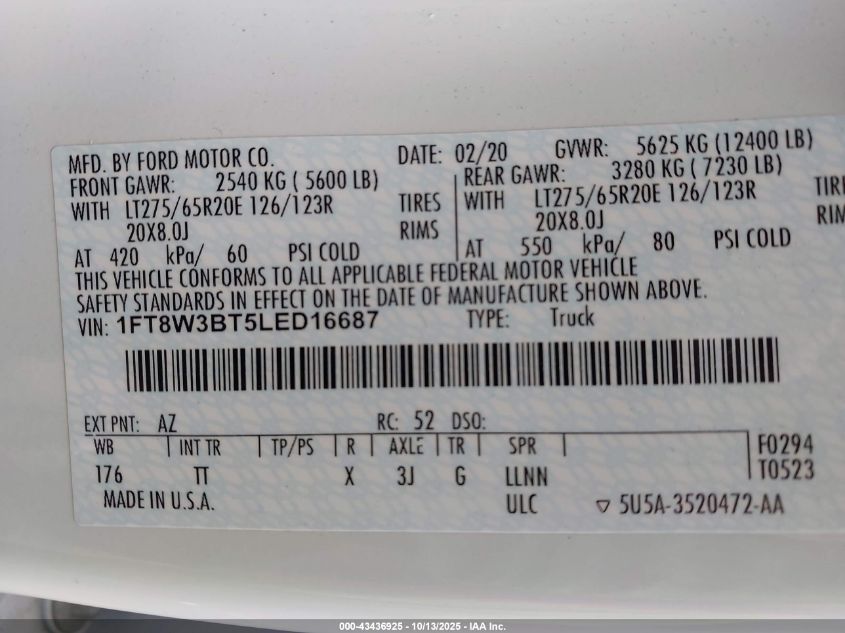 2020 Ford F-350 Limited VIN: 1FT8W3BT5LED16687 Lot: 43436925