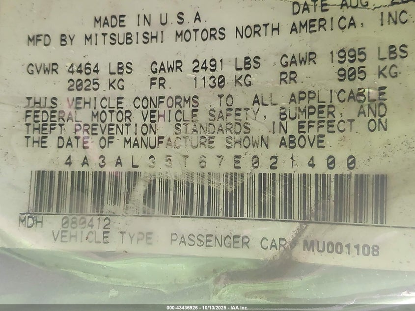 2007 Mitsubishi Eclipse Spyder Gt VIN: 4A3AL35T67E021400 Lot: 43436926