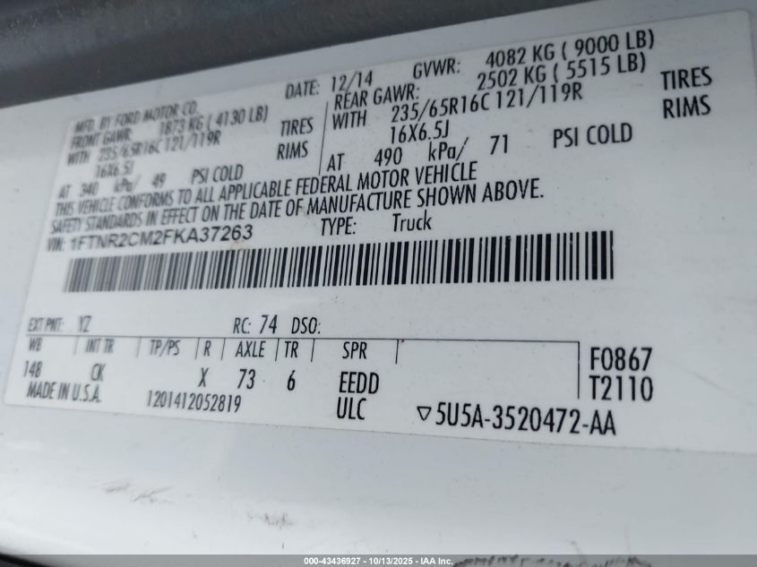 2015 Ford Transit-250 VIN: 1FTNR2CM2FKA37263 Lot: 43436927