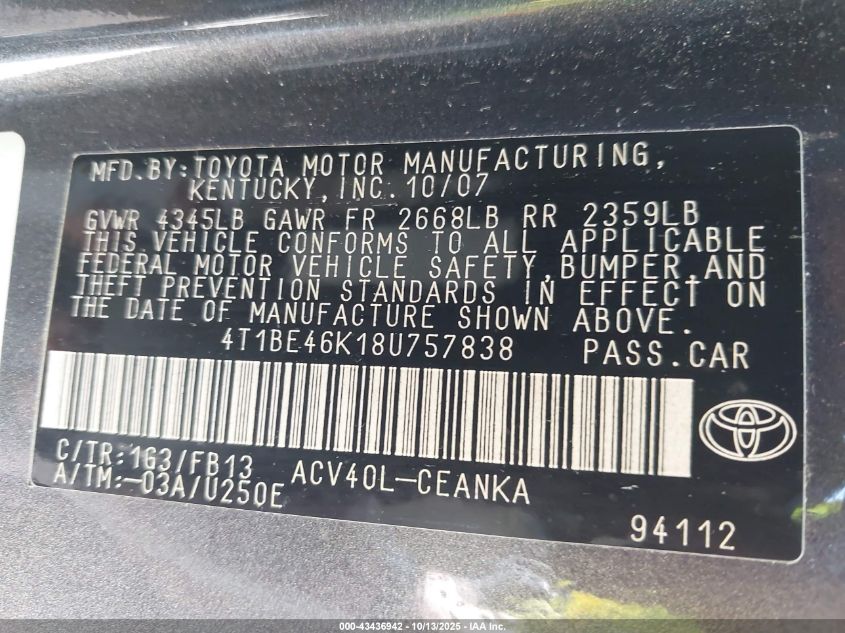 2008 Toyota Camry Le VIN: 4T1BE46K18U757838 Lot: 43436942