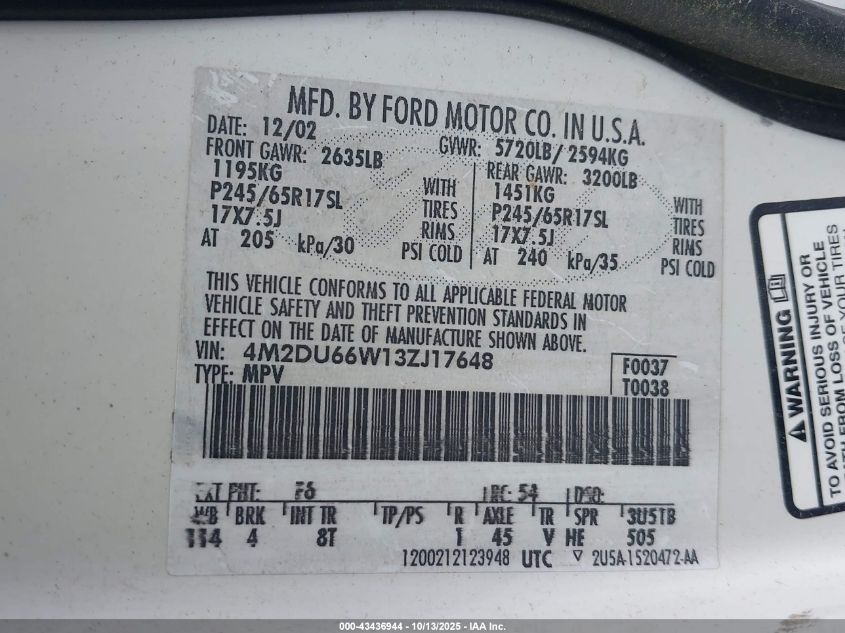 2003 Mercury Mountaineer VIN: 4M2DU66W13ZJ17648 Lot: 43436944