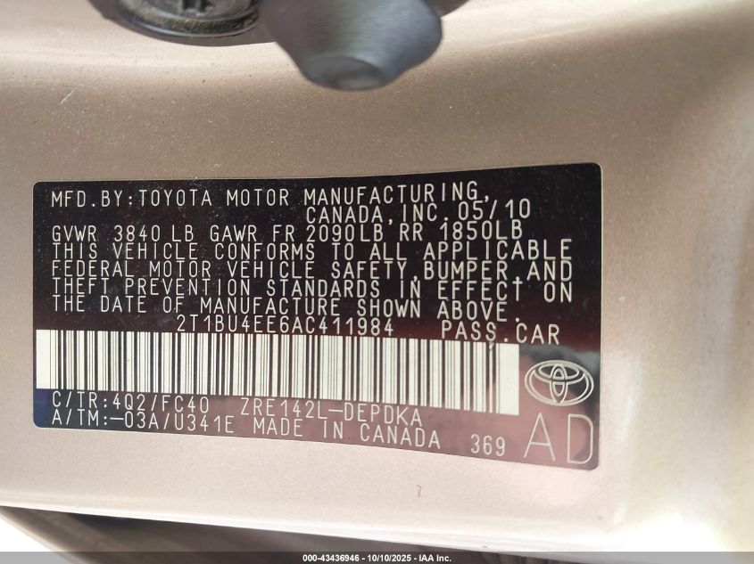 2010 Toyota Corolla Le VIN: 2T1BU4EE6AC411984 Lot: 43436946