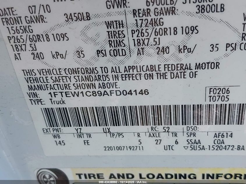 2010 Ford F-150 Fx2 Sport/Xl/Xlt VIN: 1FTEW1C89AFD04146 Lot: 43436960