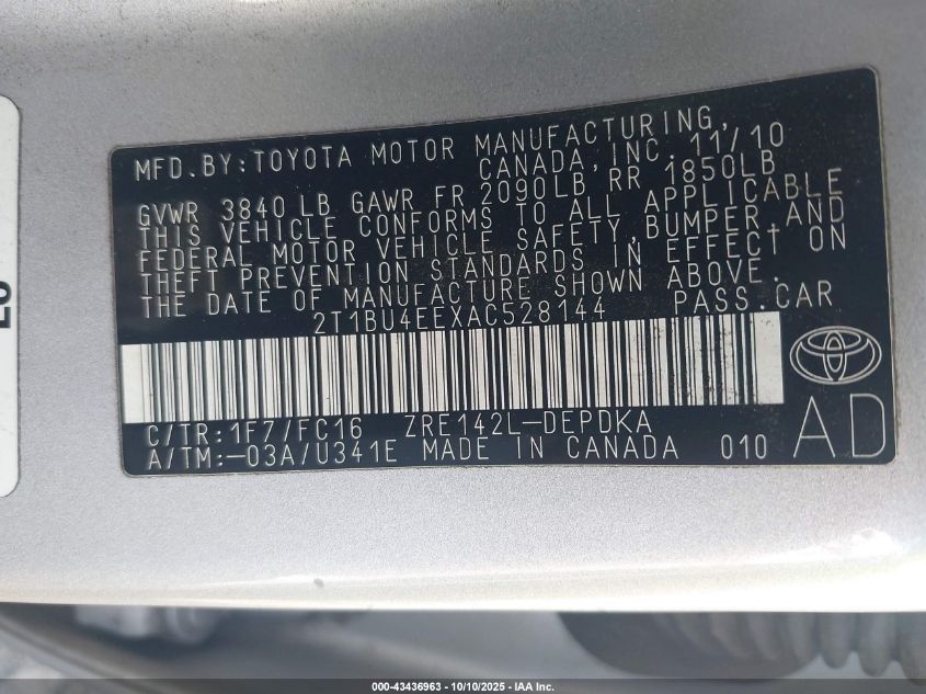 2010 Toyota Corolla Le VIN: 2T1BU4EEXAC528144 Lot: 43436963