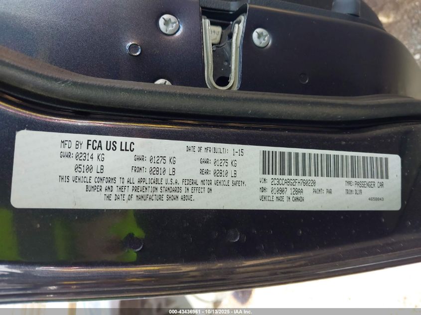 2015 Chrysler 300 300S VIN: 2C3CCABG2FH760220 Lot: 43436961